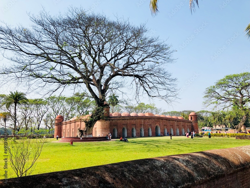 Sixty Dome Mosque exterior panoramic view